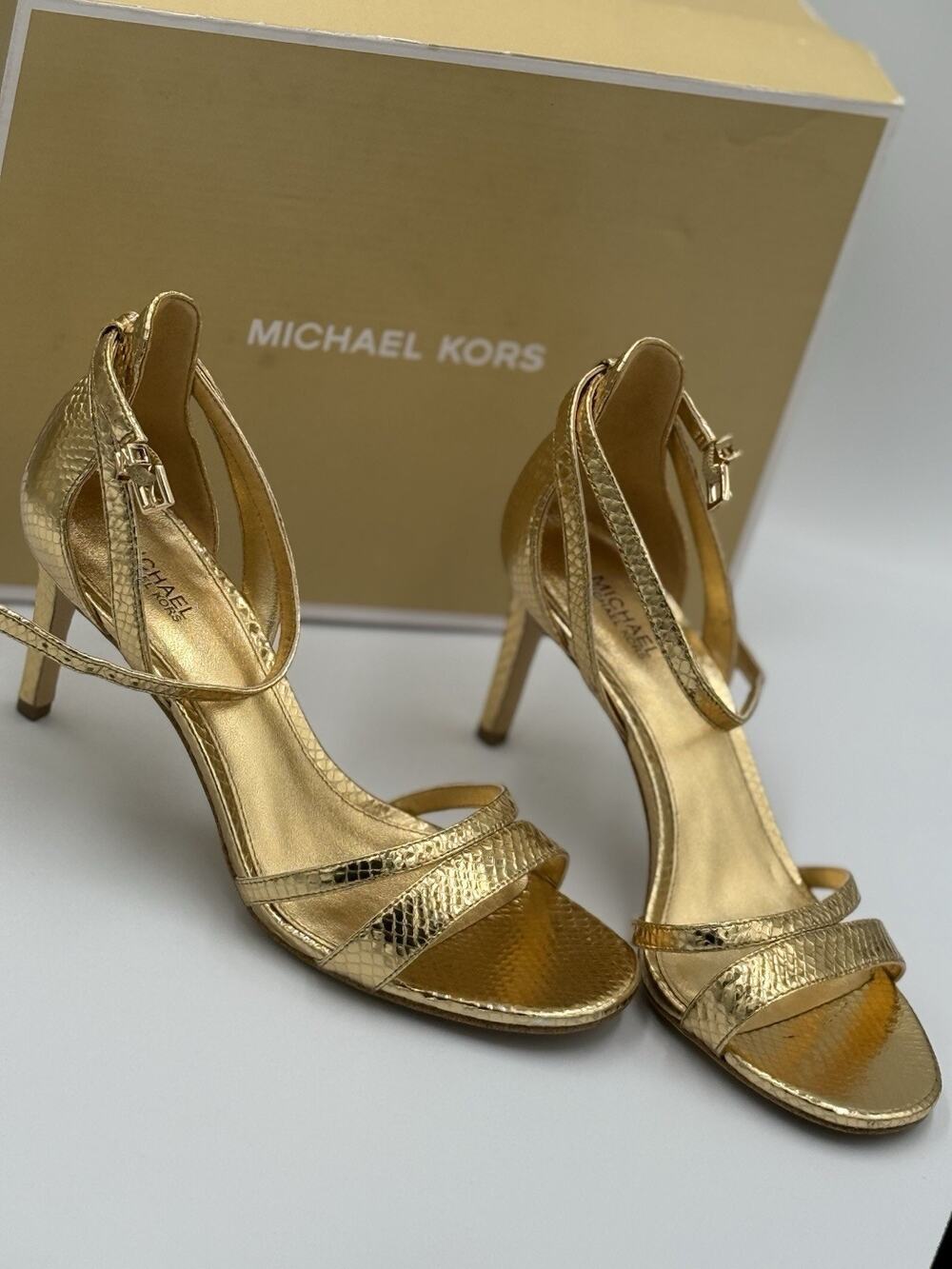 Michael Kors Metallic Gold Snake Embossed Leather Heeled Sandals Size 7
